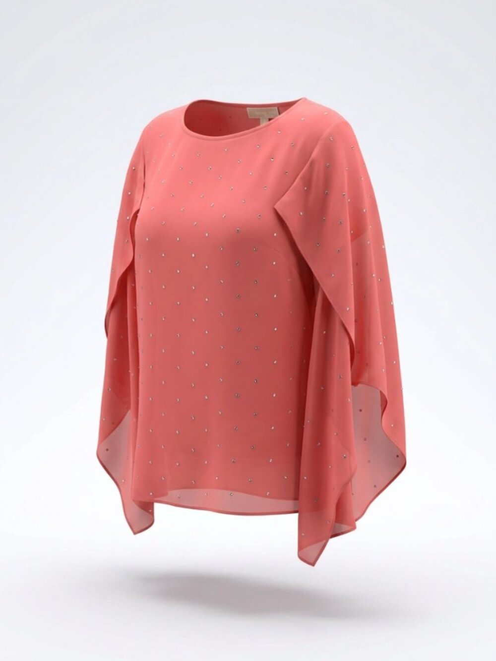 Coral Pink Rhinestone Embellished Capelet Blouse